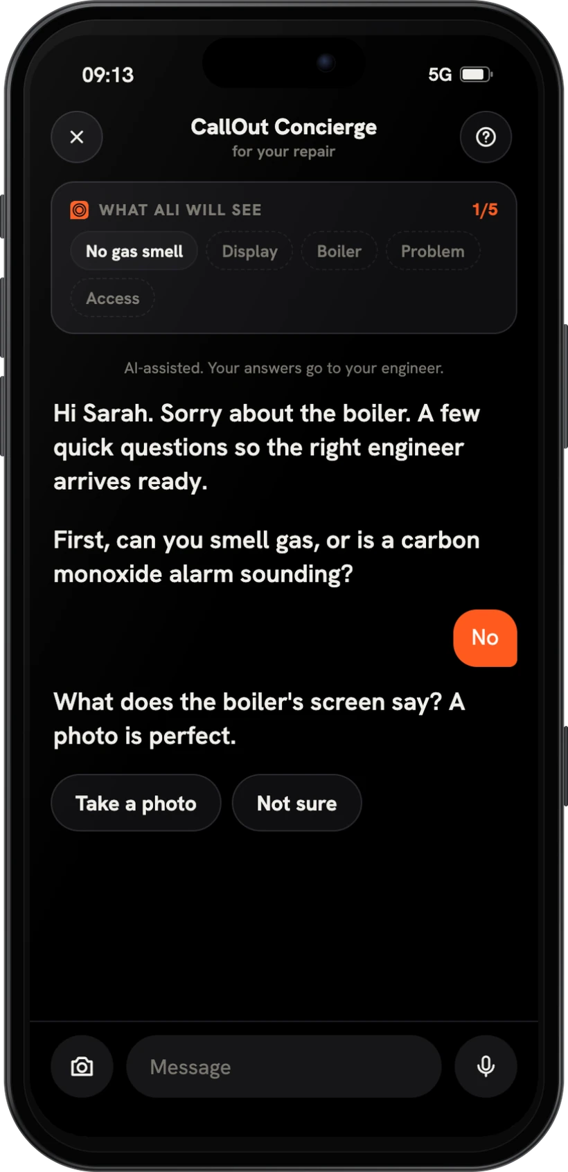 The CallOut Concierge asking about the boiler