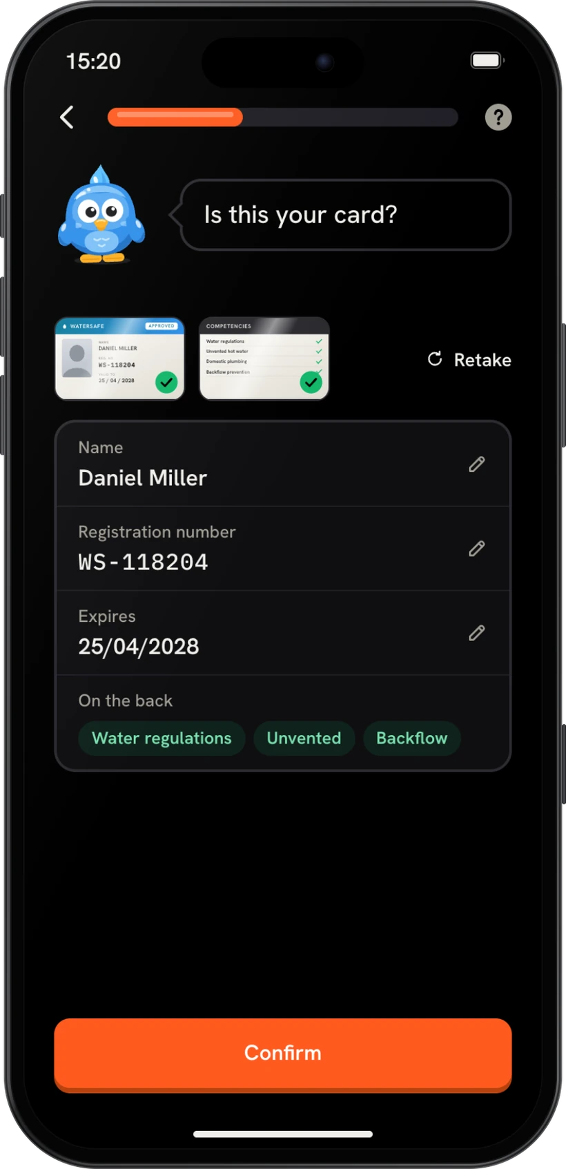 A WaterSafe card, checked