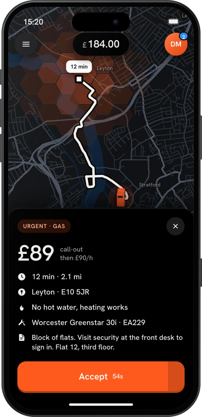 A job offer: £89 call-out, 12 minutes away, no hot water