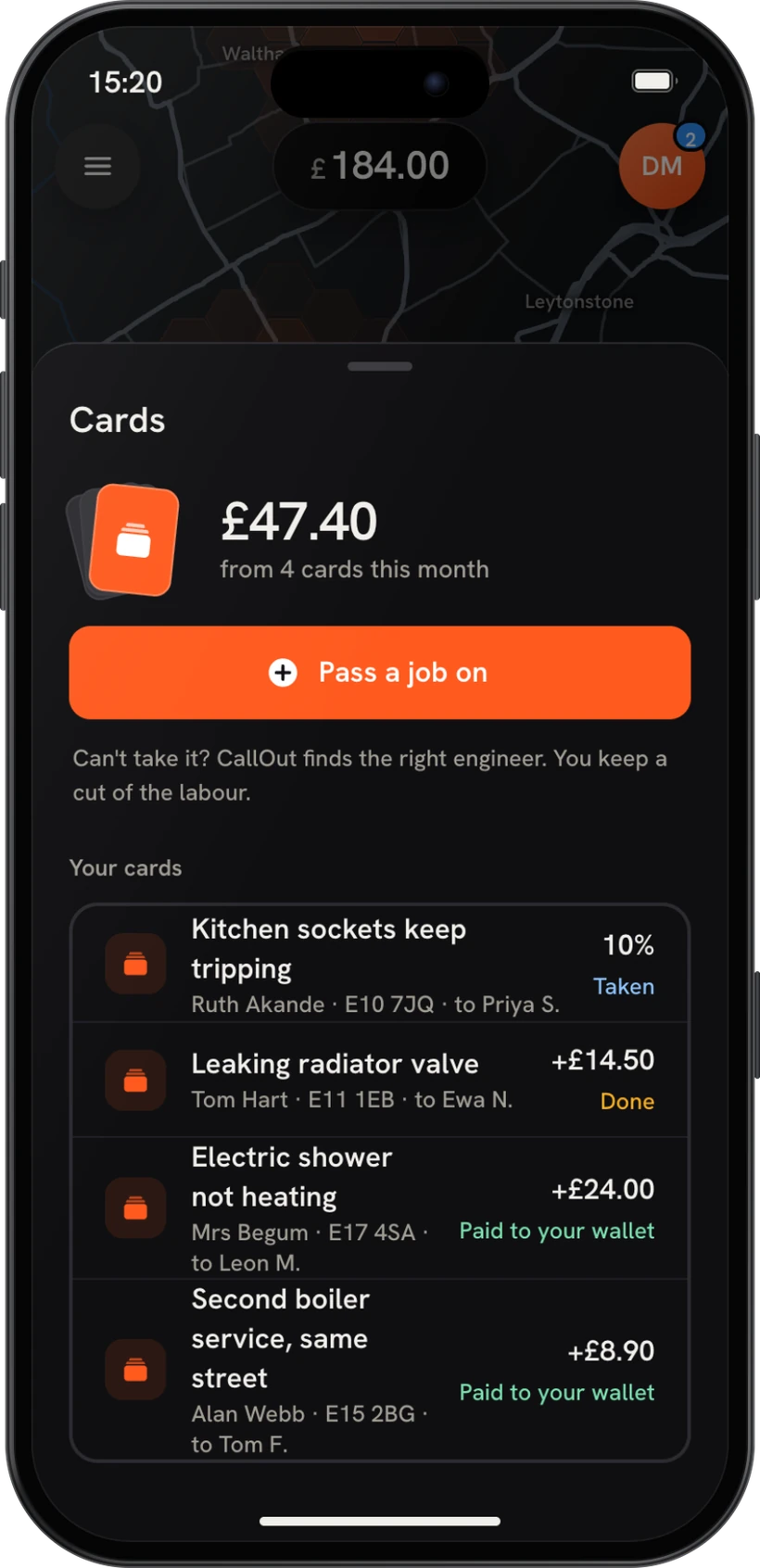 The jobs you passed on as Cards