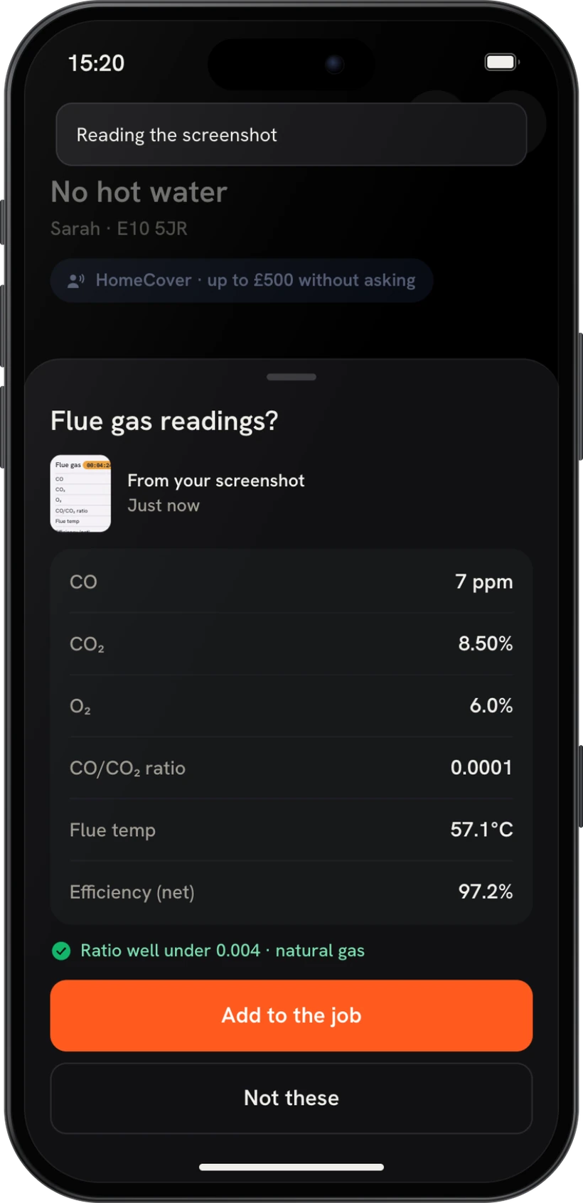 Flue gas readings from a screenshot