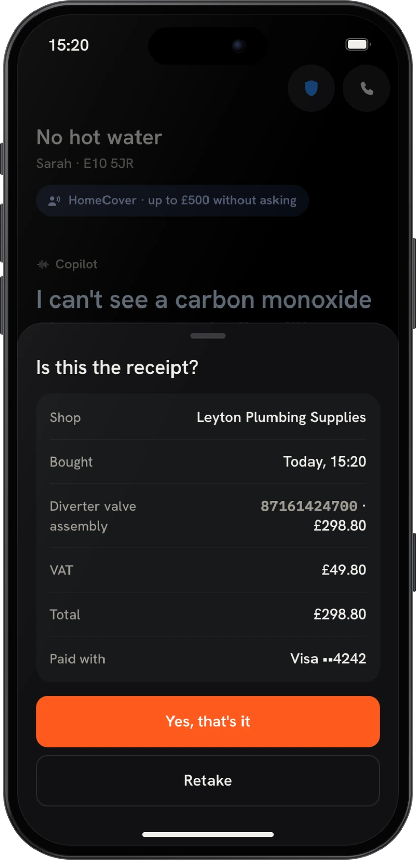 A parts receipt read and matched to the job