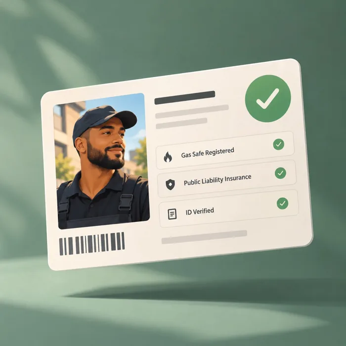 An engineer's card: Gas Safe registered, insurance and ID verified