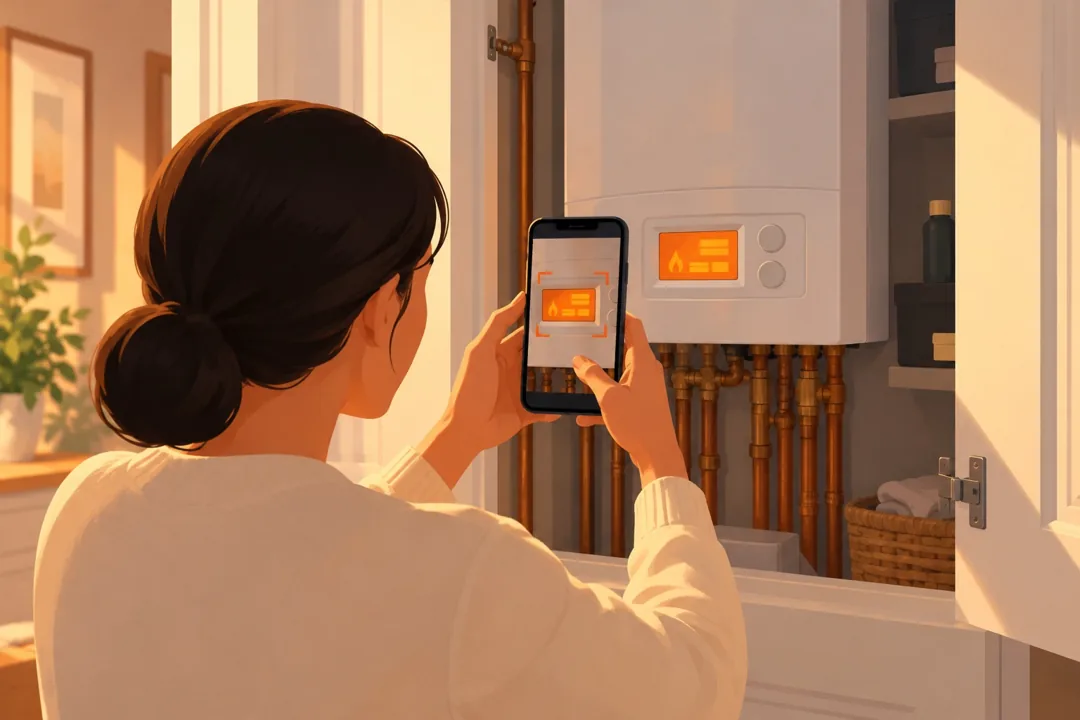 A homeowner photographing the boiler display